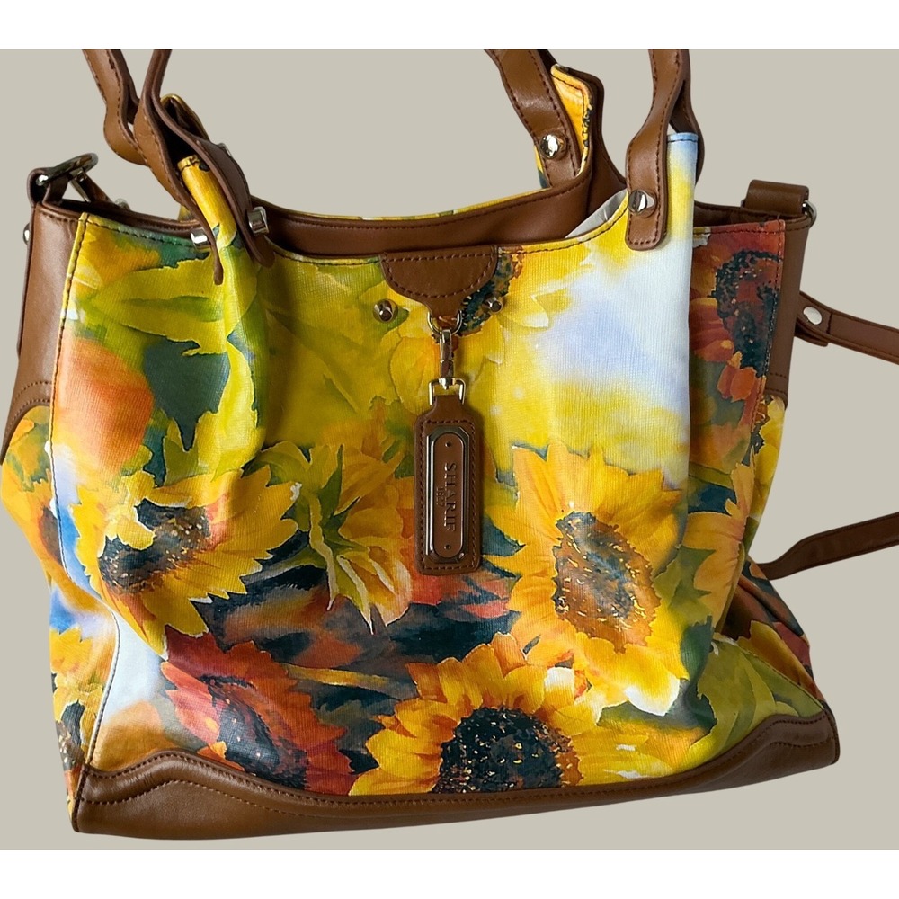 Sharif Sunflower Satchel Handbag Crossbody Floral Print Brown Trim Large Tote